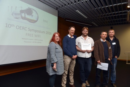 Sarah Wakes (University of Otago), Greg Sise (Energy Link), Paul Crane (University of Otago) student presentation prize winner, Ivan Diaz-Rainey (University of Otago), and Michael Jack (University of Otago) at the prize presentation.